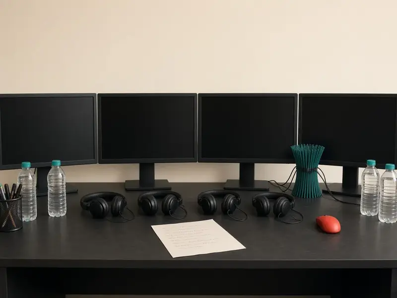 Tavolo con quattro monitor pronti per una sessione organizzata